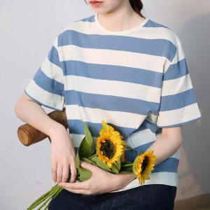 Blue Chunky Striped Cotton T-shirt Crew Neck Womens Pullover