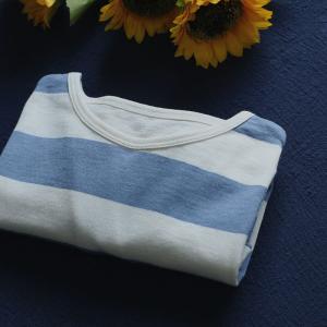 Blue Chunky Striped Cotton T-shirt Crew Neck Womens Pullover