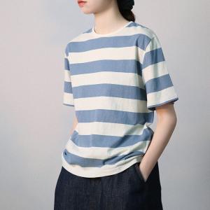 Blue Chunky Striped Cotton T-shirt Crew Neck Womens Pullover