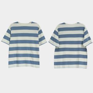 Blue Chunky Striped Cotton T-shirt Crew Neck Womens Pullover