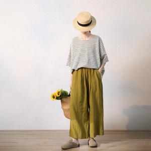 Summer Style Wide Leg Linen Pants Mustard Green Comfy Pants