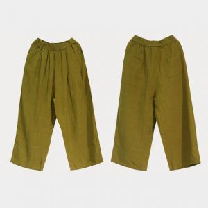 Summer Style Wide Leg Linen Pants Mustard Green Comfy Pants