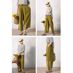 Summer Style Wide Leg Linen Pants Mustard Green Comfy Pants