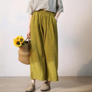 Summer Style Wide Leg Linen Pants Mustard Green Comfy Pants
