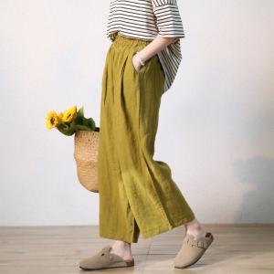 Summer Style Wide Leg Linen Pants Mustard Green Comfy Pants