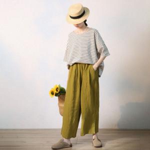 Summer Style Wide Leg Linen Pants Mustard Green Comfy Pants