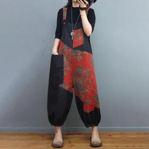 Black and Red Floral Balloon Overalls Folk Adjustable Straps Overalls