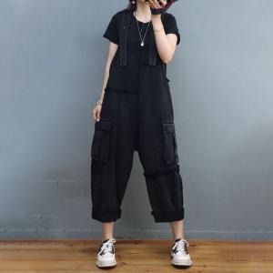 Side Flap Pockets Fringed Overalls Plus Size Jean Dungarees