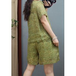 Organic Ramie Floral Qipao Blouse with Patchwork Wide Leg Sets