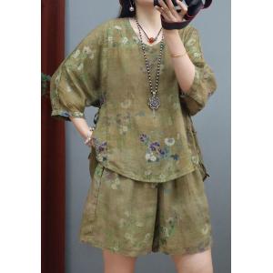 Half Sleeves Ramie Floral Tied Blouse with Breathable Wide Leg Shorts