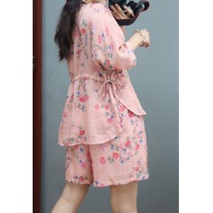 Half Sleeves Ramie Floral Tied Blouse with Breathable Wide Leg Shorts