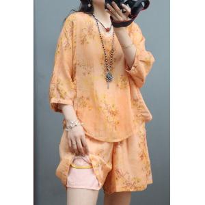 Half Sleeves Ramie Floral Tied Blouse with Breathable Wide Leg Shorts