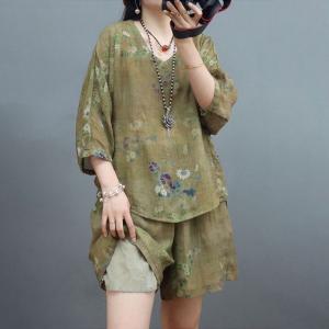 Half Sleeves Ramie Floral Tied Blouse with Breathable Wide Leg Shorts