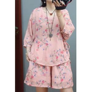 Half Sleeves Ramie Floral Tied Blouse with Breathable Wide Leg Shorts