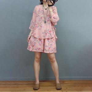 Half Sleeves Ramie Floral Tied Blouse with Breathable Wide Leg Shorts