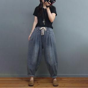 Stone Wash Pleated Baggy Jeans Drawstring Waist Balloon Jeans