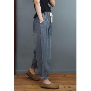 Stone Wash Pleated Baggy Jeans Drawstring Waist Balloon Jeans