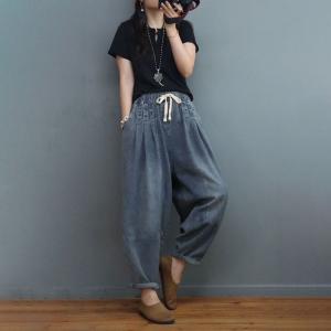 Stone Wash Pleated Baggy Jeans Drawstring Waist Balloon Jeans