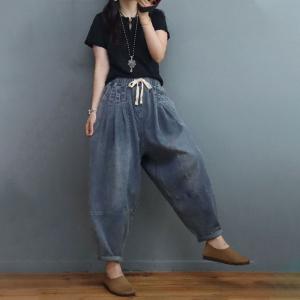 Stone Wash Pleated Baggy Jeans Drawstring Waist Balloon Jeans