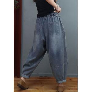 Stone Wash Pleated Baggy Jeans Drawstring Waist Balloon Jeans