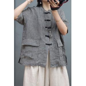 Chinese Pankou Cotton Linen Blouse Little Plaid Flax Clothing