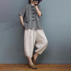 Chinese Pankou Cotton Linen Blouse Little Plaid Flax Clothing