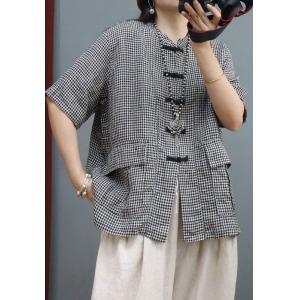 Chinese Pankou Cotton Linen Blouse Little Plaid Flax Clothing