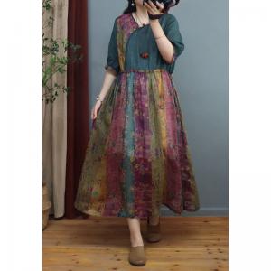 Colorful Ramie Floral Dress Loose High- Waisted Folk Dress