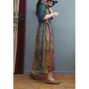 Colorful Ramie Floral Dress Loose High- Waisted Folk Dress