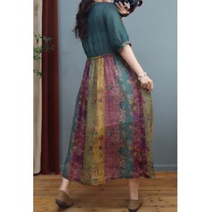 Colorful Ramie Floral Dress Loose High- Waisted Folk Dress