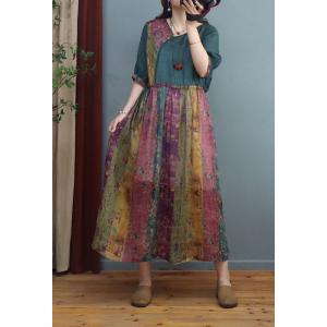 Colorful Ramie Floral Dress Loose High- Waisted Folk Dress