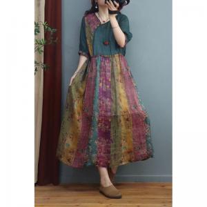 Colorful Ramie Floral Dress Loose High- Waisted Folk Dress