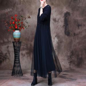 Chinese Button Jacquard Gauze Dress High Waist Knit Midi Dress