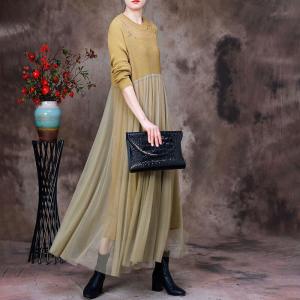 Empire Waist Gauze Midi Dress Knit Linen Sweater Dress