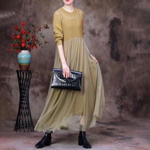 Empire Waist Gauze Midi Dress Knit Linen Sweater Dress