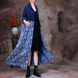 Blue Flowers Prints Long Cardigan Jacquard Designer Shirt Dress