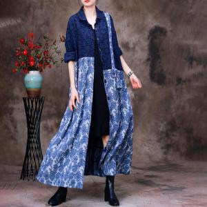 Blue Flowers Prints Long Cardigan Jacquard Designer Shirt Dress