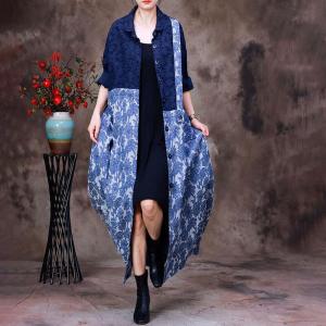 Blue Flowers Prints Long Cardigan Jacquard Designer Shirt Dress