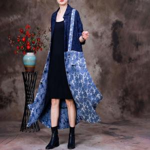 Blue Flowers Prints Long Cardigan Jacquard Designer Shirt Dress