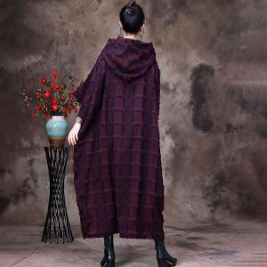 Big Checkered Hooded Caftan Large Wool Fringed Sweater Dress