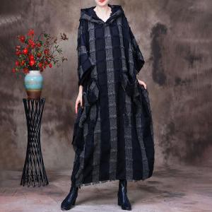 Big Checkered Hooded Caftan Large Wool Fringed Sweater Dress