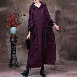 Big Checkered Hooded Caftan Large Wool Fringed Sweater Dress