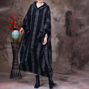 Big Checkered Hooded Caftan Large Wool Fringed Sweater Dress