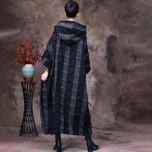 Big Checkered Hooded Caftan Large Wool Fringed Sweater Dress