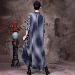 Loose-Fit Flowers Embroidery Dress Cotton Linen Tartan Dress