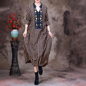 Loose-Fit Flowers Embroidery Dress Cotton Linen Tartan Dress