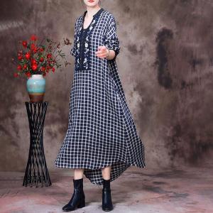 Loose-Fit Flowers Embroidery Dress Cotton Linen Tartan Dress