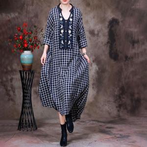 Loose-Fit Flowers Embroidery Dress Cotton Linen Tartan Dress