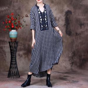 Loose-Fit Flowers Embroidery Dress Cotton Linen Tartan Dress