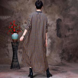 Loose-Fit Flowers Embroidery Dress Cotton Linen Tartan Dress